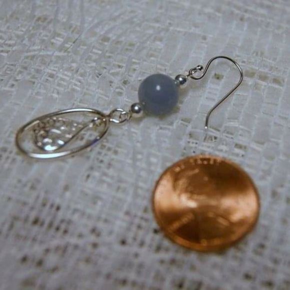 Handmade Light Blue Angelite & Filigre Tear Drop Sterling Silver Dangle Earrings - Picture 3 of 5